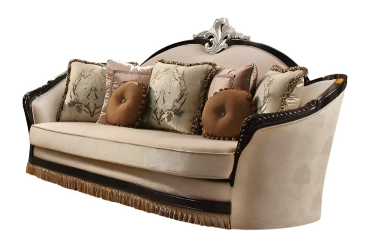 Arabelle 91" Tan Velvet Curved Sofa with Track Arms and Toss Pillows