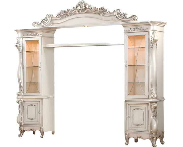 Champagne Carved Wood Entertainment Wall Unit with Lighted Bridge and Mirrored Piers