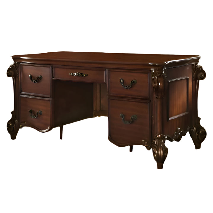 74" Brown Executive Desk With Five Drawers