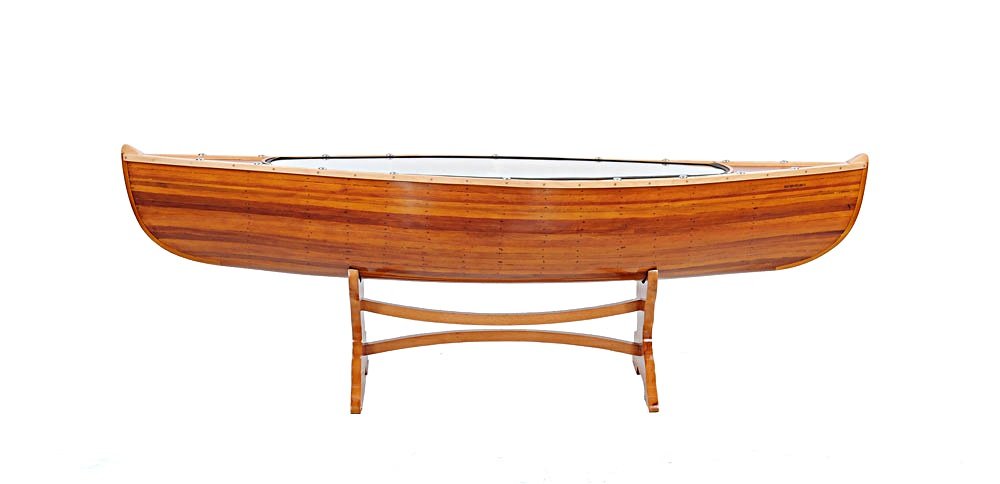 59.5-Inch Natural Solid Wood Canoe-Inspired Oval Glass Coffee Table