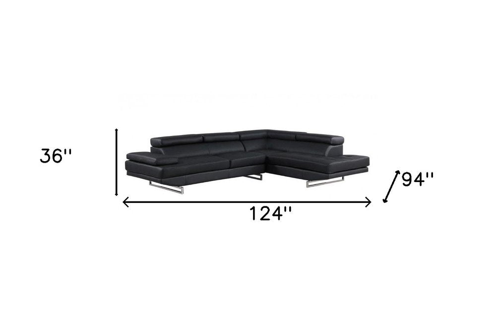 Camden Black Leather Right-Facing 2-Piece Sectional Sofa with Silver Metal Legs