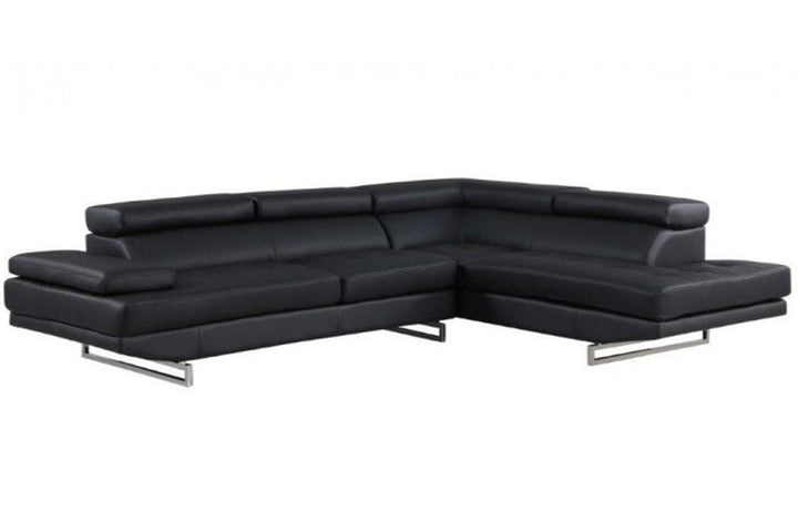 Camden Black Leather Right-Facing 2-Piece Sectional Sofa with Silver Metal Legs