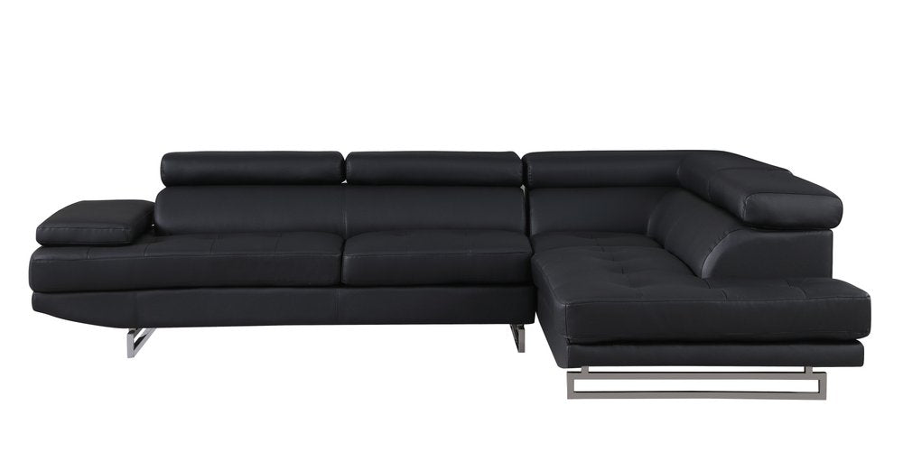 Camden Black Leather Right-Facing 2-Piece Sectional Sofa with Silver Metal Legs