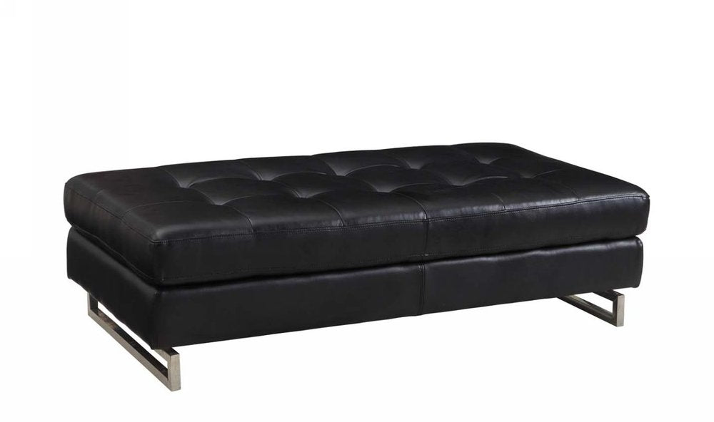LuxeMod 63" Black Tufted Faux Leather Bench Ottoman with Silver Metal Base