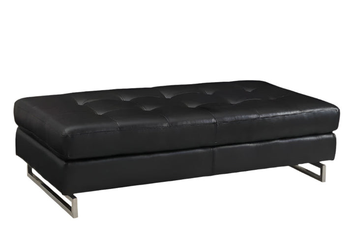 LuxeMod 63" Black Tufted Faux Leather Bench Ottoman with Silver Metal Base