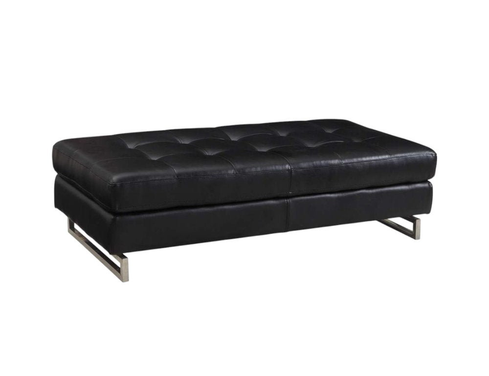 LuxeMod 63" Black Tufted Faux Leather Bench Ottoman with Silver Metal Base