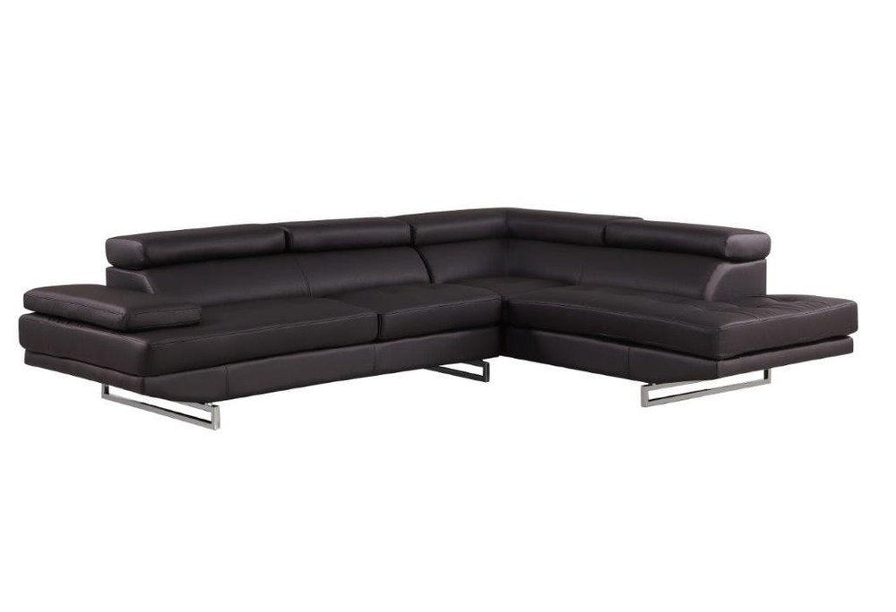 Bordeaux Brown Leather Right-Facing 2-Piece Sectional Sofa with Silver Metal Legs