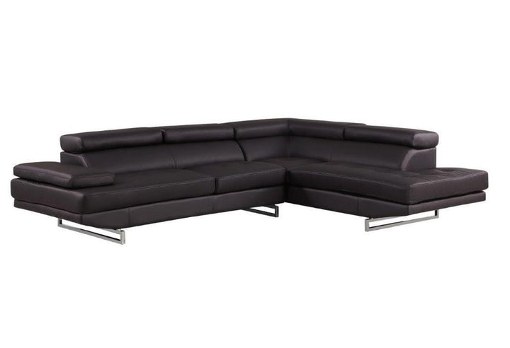 Bordeaux Brown Leather Right-Facing 2-Piece Sectional Sofa with Silver Metal Legs