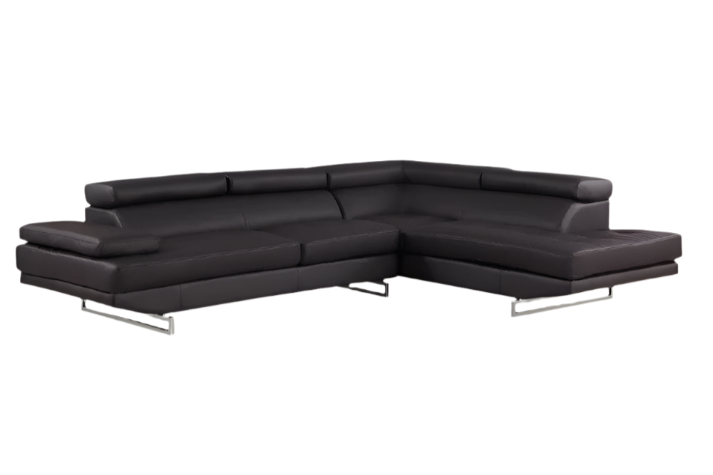 Bordeaux Brown Leather Right-Facing 2-Piece Sectional Sofa with Silver Metal Legs