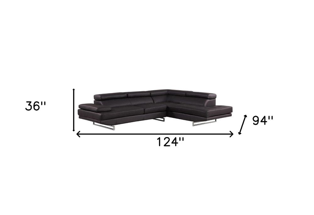 Bordeaux Brown Leather Right-Facing 2-Piece Sectional Sofa with Silver Metal Legs
