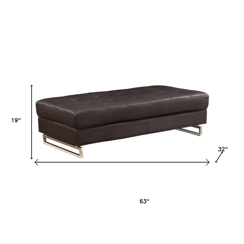Vellaro 63" Brown Tufted Faux Leather Ottoman with Silver Metal Base