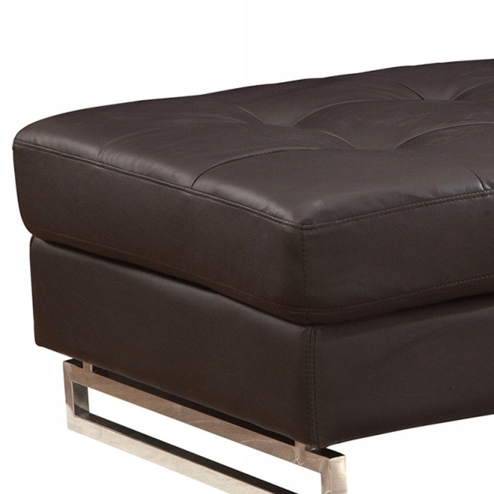 Vellaro 63" Brown Tufted Faux Leather Ottoman with Silver Metal Base