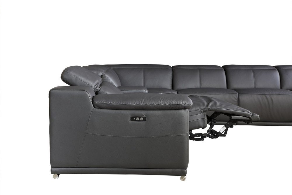 Vittoria Gray Italian Leather 6-Piece U-Shaped Power Reclining Sectional with Console