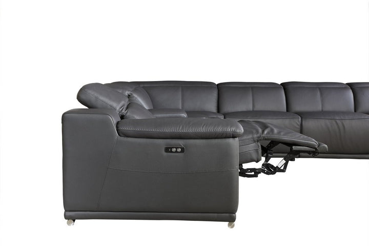 Vittoria Gray Italian Leather 6-Piece U-Shaped Power Reclining Sectional with Console