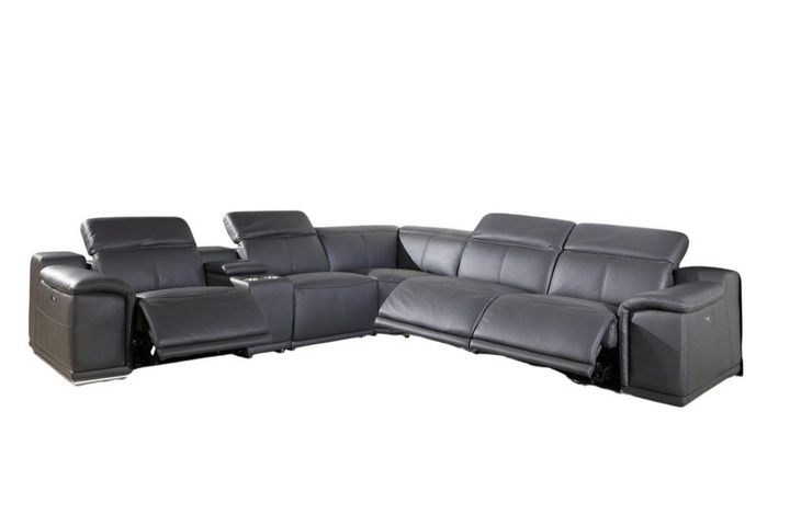 Vittoria Gray Italian Leather 6-Piece U-Shaped Power Reclining Sectional with Console