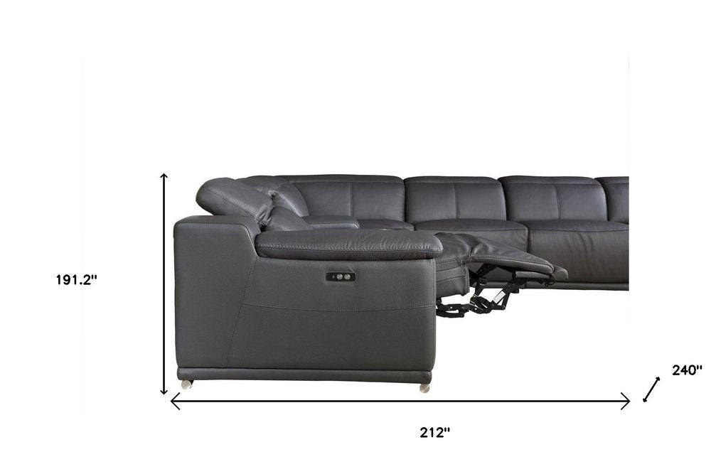 Vittoria Gray Italian Leather 6-Piece U-Shaped Power Reclining Sectional with Console