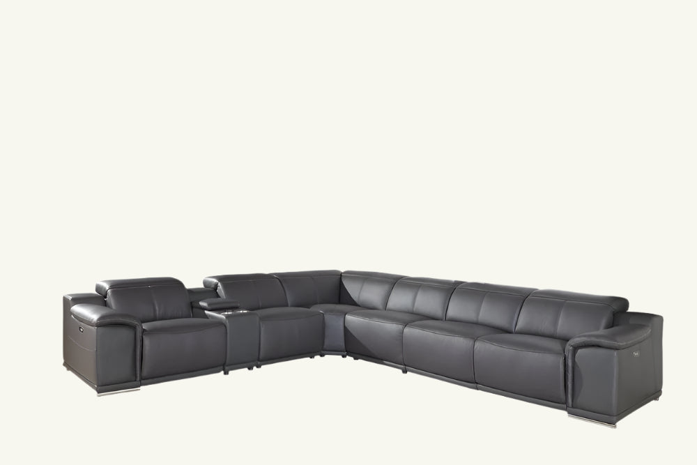 Ravello Gray Italian Leather 7-Piece U-Shaped Power Reclining Sectional with Console