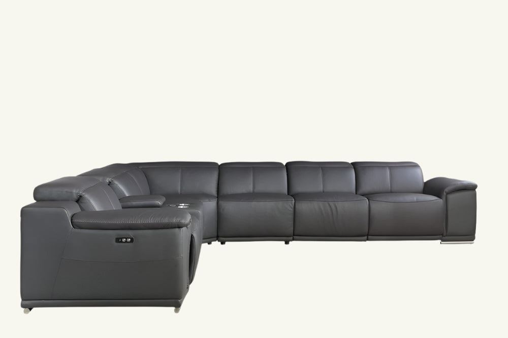 Ravello Gray Italian Leather 7-Piece U-Shaped Power Reclining Sectional with Console