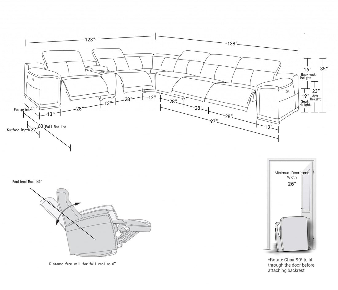 Ravello Gray Italian Leather 7-Piece U-Shaped Power Reclining Sectional with Console