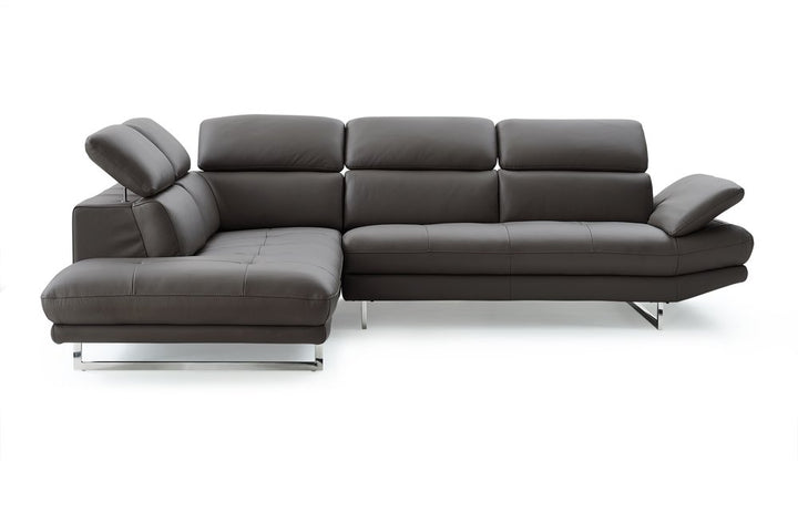 Belluno Dark Gray Genuine Leather Left-Facing Sofa and Chaise Sectional with Silver Legs