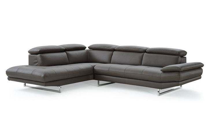 Belluno Dark Gray Genuine Leather Left-Facing Sofa and Chaise Sectional with Silver Legs