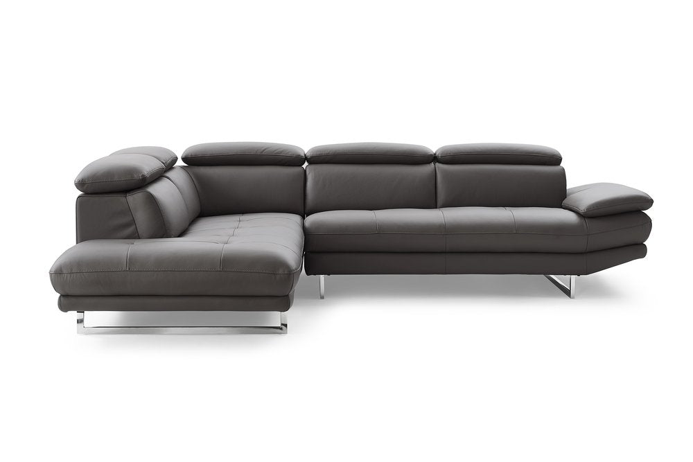 Belluno Dark Gray Genuine Leather Left-Facing Sofa and Chaise Sectional with Silver Legs