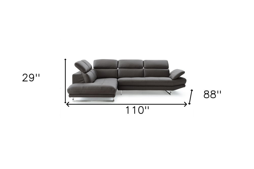 Belluno Dark Gray Genuine Leather Left-Facing Sofa and Chaise Sectional with Silver Legs