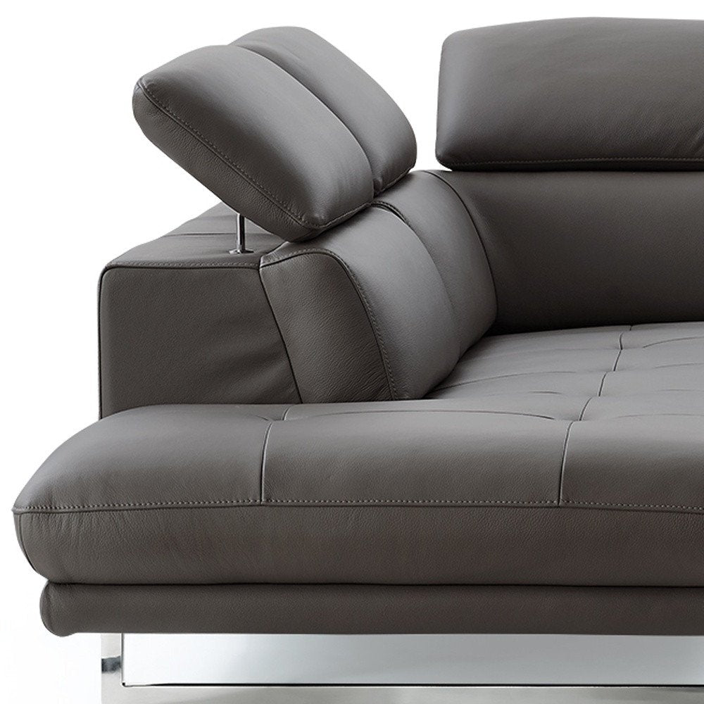 Belluno Dark Gray Genuine Leather Left-Facing Sofa and Chaise Sectional with Silver Legs