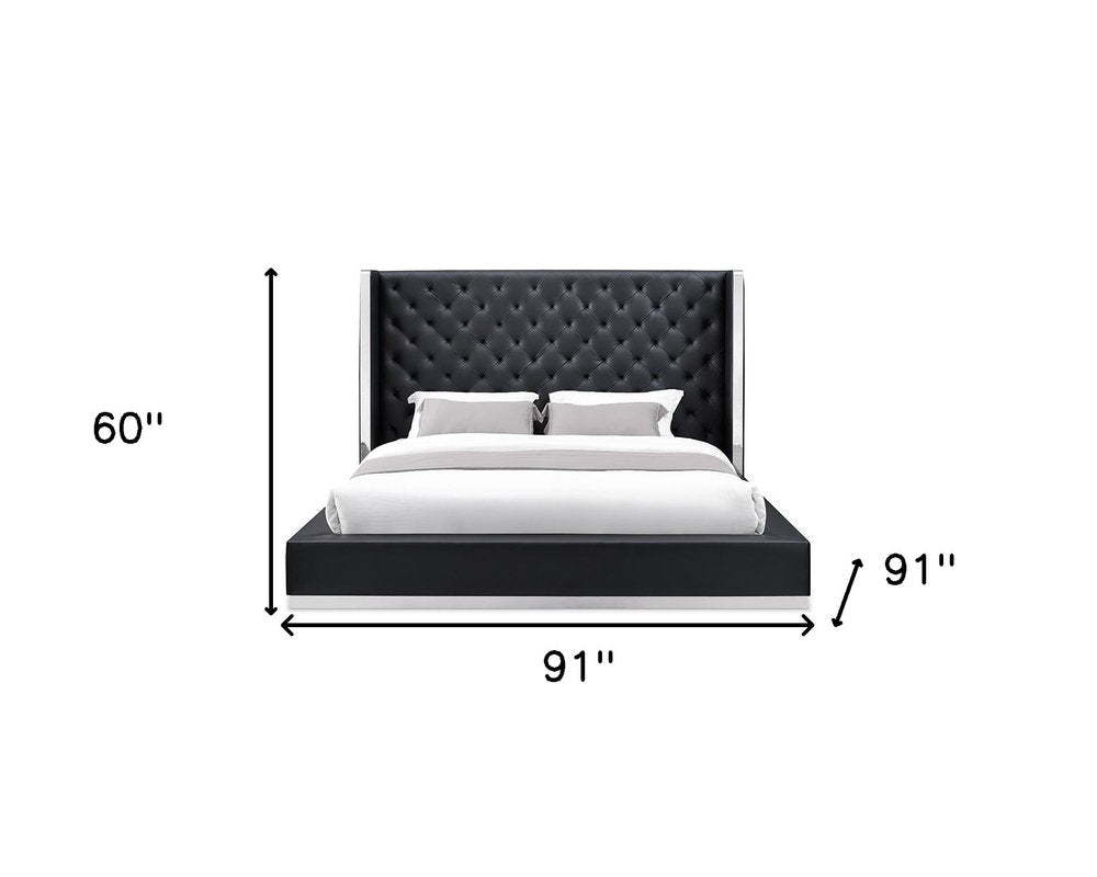 Bordeaux 91" Black Faux Leather King Bed Frame with Wingback Headboard