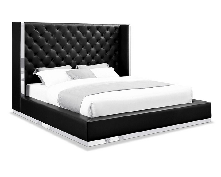 Bordeaux 91" Black Faux Leather King Bed Frame with Wingback Headboard