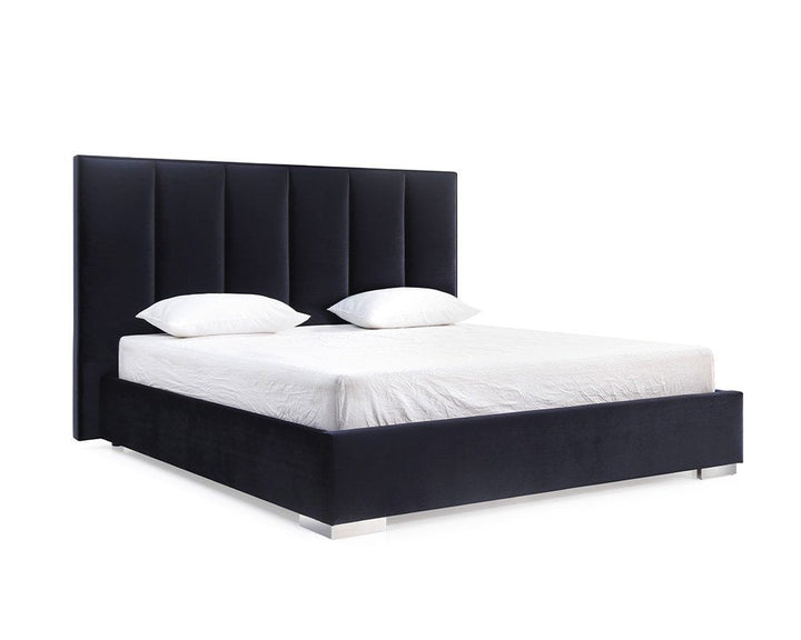 Savigny 87" Black Velvet Queen Bed Frame with Channel Tufted Headboard and Steel Accents