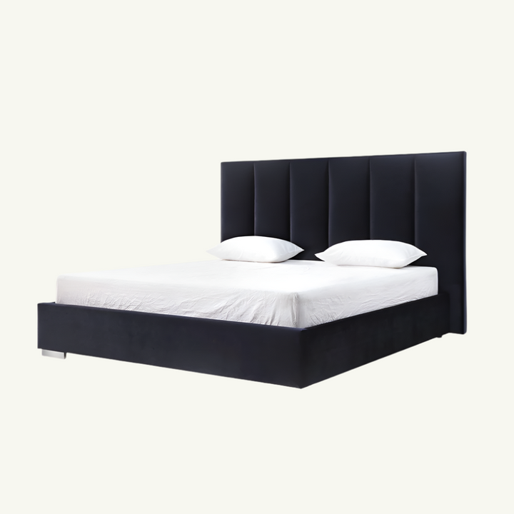 Savigny 87" Black Velvet Queen Bed Frame with Channel Tufted Headboard and Steel Accents