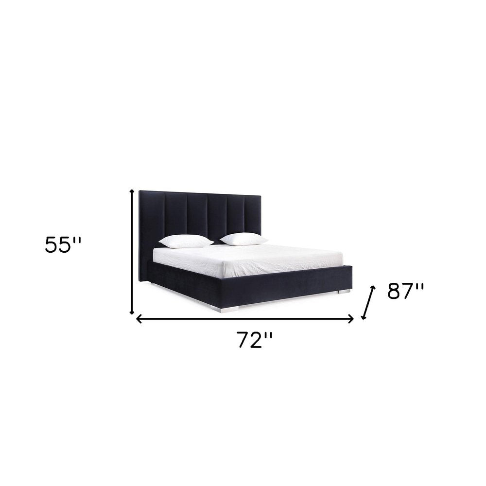 Savigny 87" Black Velvet Queen Bed Frame with Channel Tufted Headboard and Steel Accents
