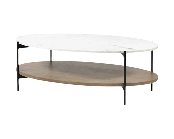 48" Brown and Black Genuine Marble and Metal Oval Coffee Table With Shelf