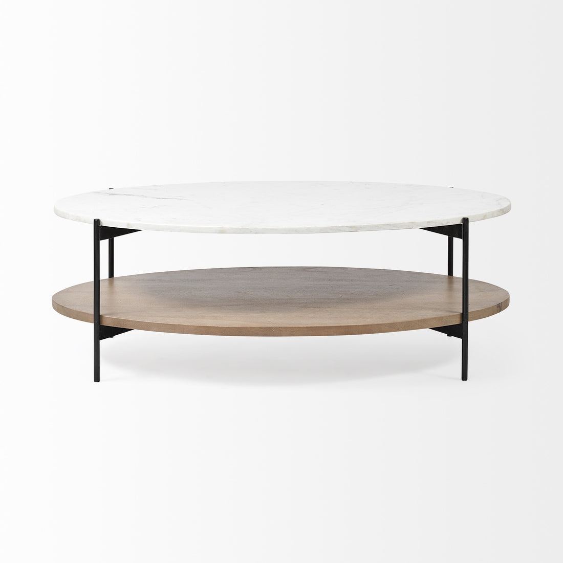 48" Brown and Black Genuine Marble and Metal Oval Coffee Table With Shelf