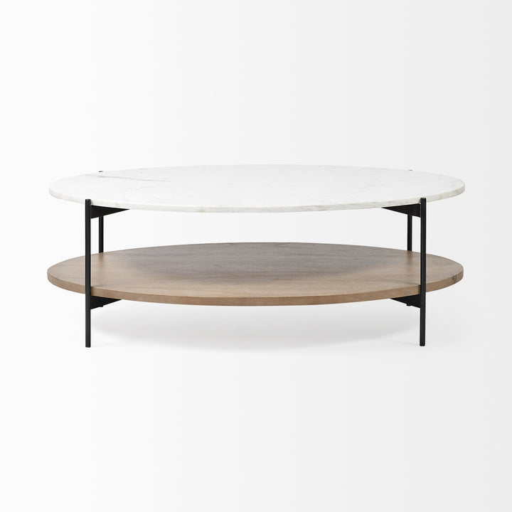 48" Brown and Black Genuine Marble and Metal Oval Coffee Table With Shelf