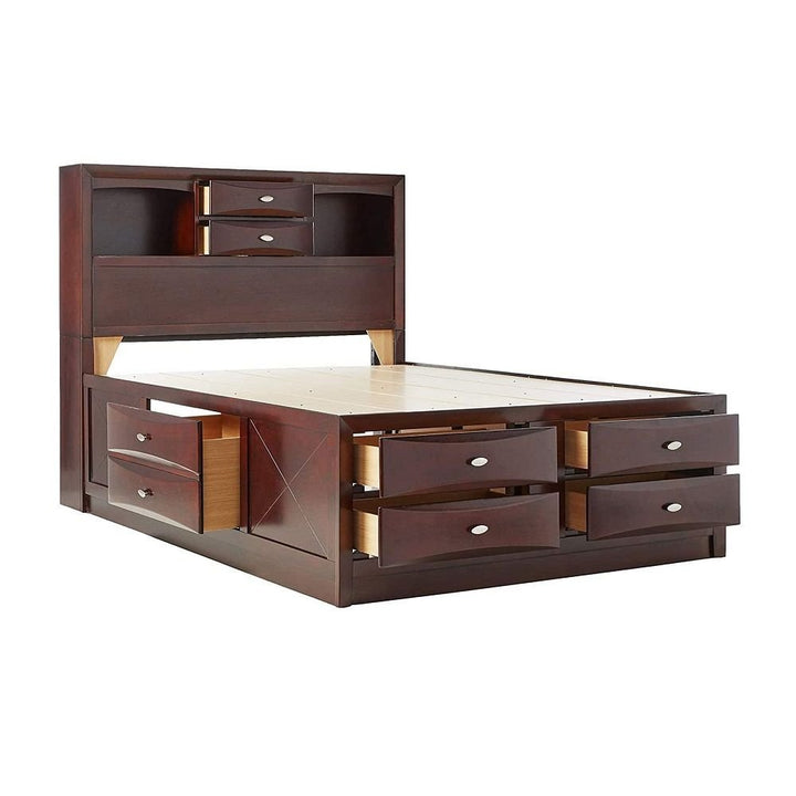 Clermont 91" Espresso Wood King Bed Frame with Bookcase Headboard and Ten Storage Drawers