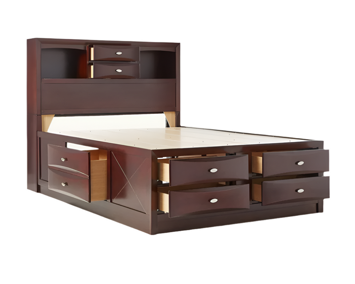 Clermont 91" Espresso Wood King Bed Frame with Bookcase Headboard and Ten Storage Drawers