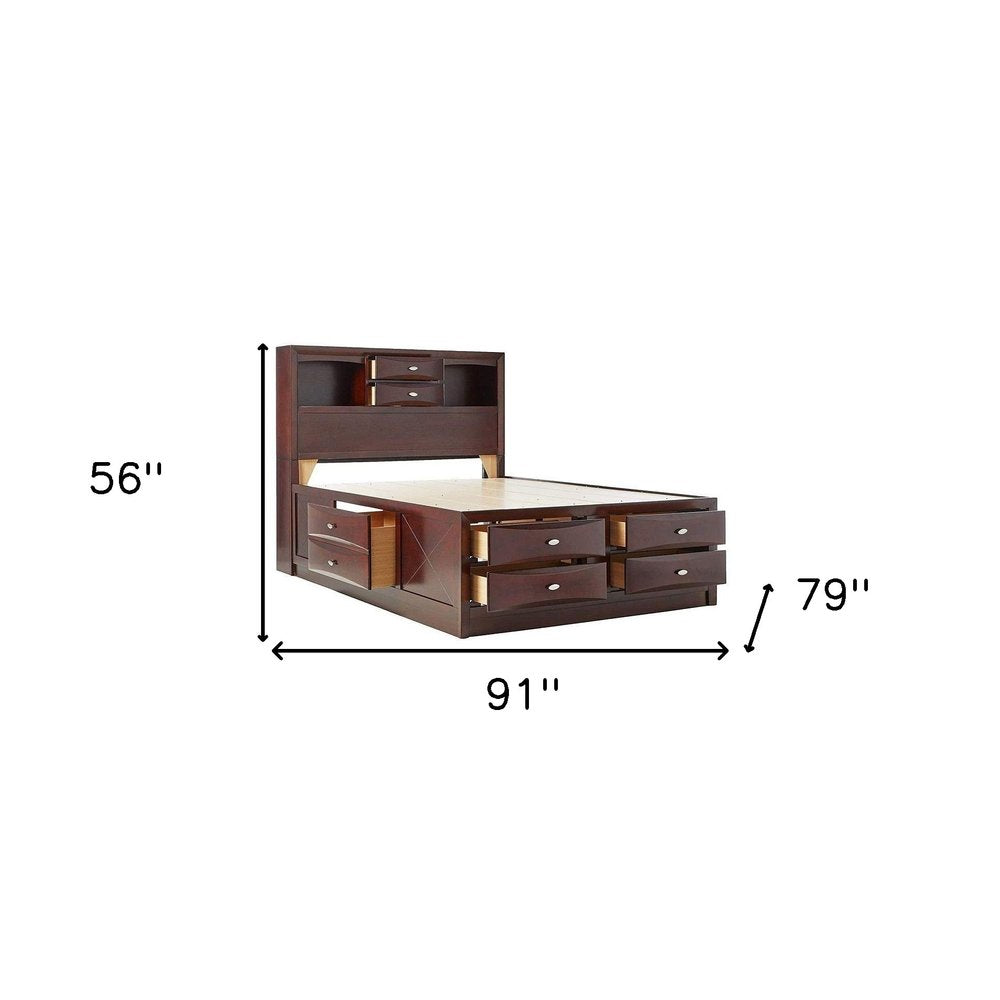 Clermont 91" Espresso Wood King Bed Frame with Bookcase Headboard and Ten Storage Drawers
