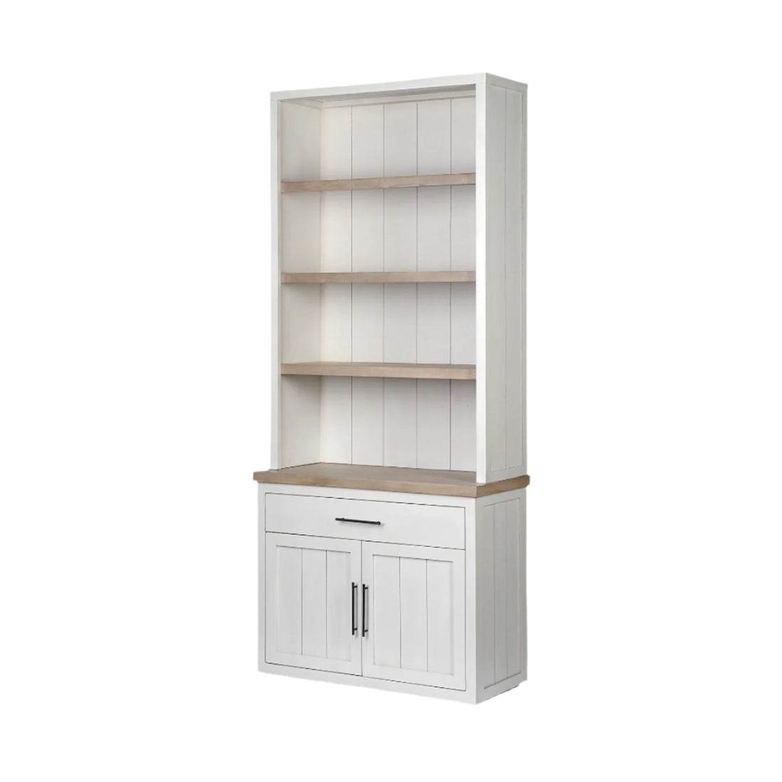 Fairview 91" Brown and White Solid Wood Three-Tier Bookcase with Cabinets and Drawers