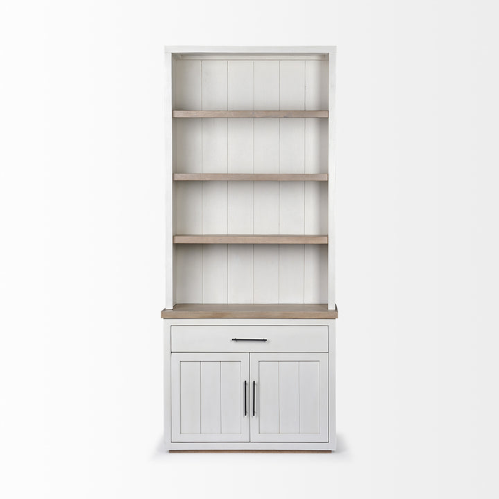 Fairview 91" Brown and White Solid Wood Three-Tier Bookcase with Cabinets and Drawers