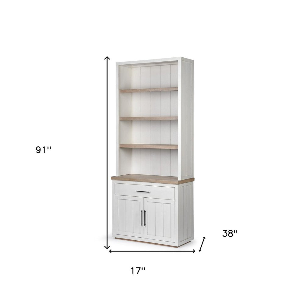 Fairview 91" Brown and White Solid Wood Three-Tier Bookcase with Cabinets and Drawers