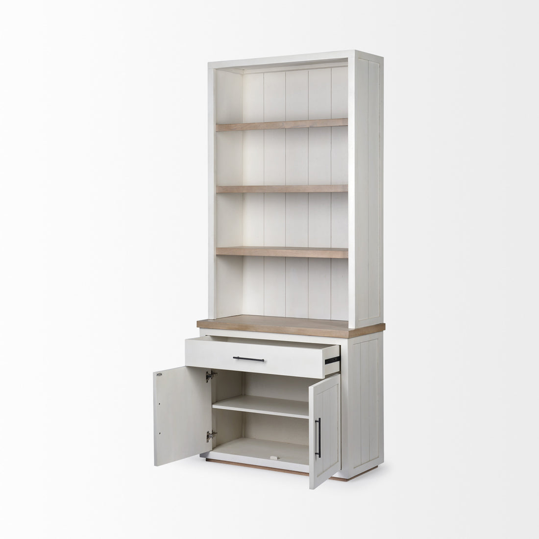 Fairview 91" Brown and White Solid Wood Three-Tier Bookcase with Cabinets and Drawers