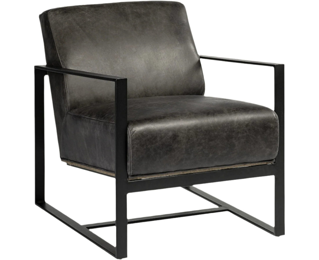 Bastille 32" Black Distressed Genuine Leather Arm Chair with Cushion Back and Black Legs