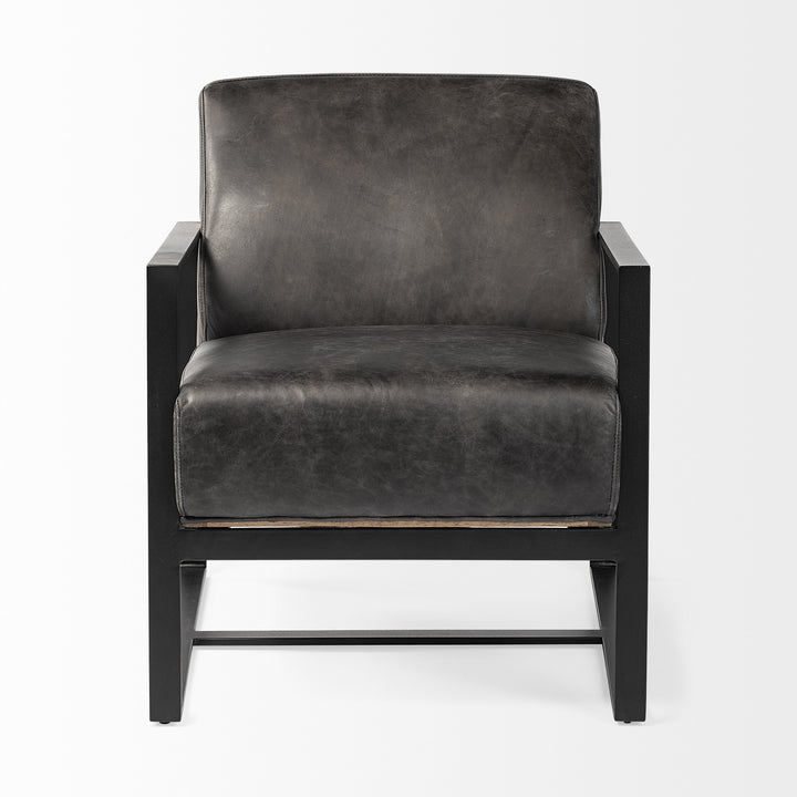 Bastille 32" Black Distressed Genuine Leather Arm Chair with Cushion Back and Black Legs
