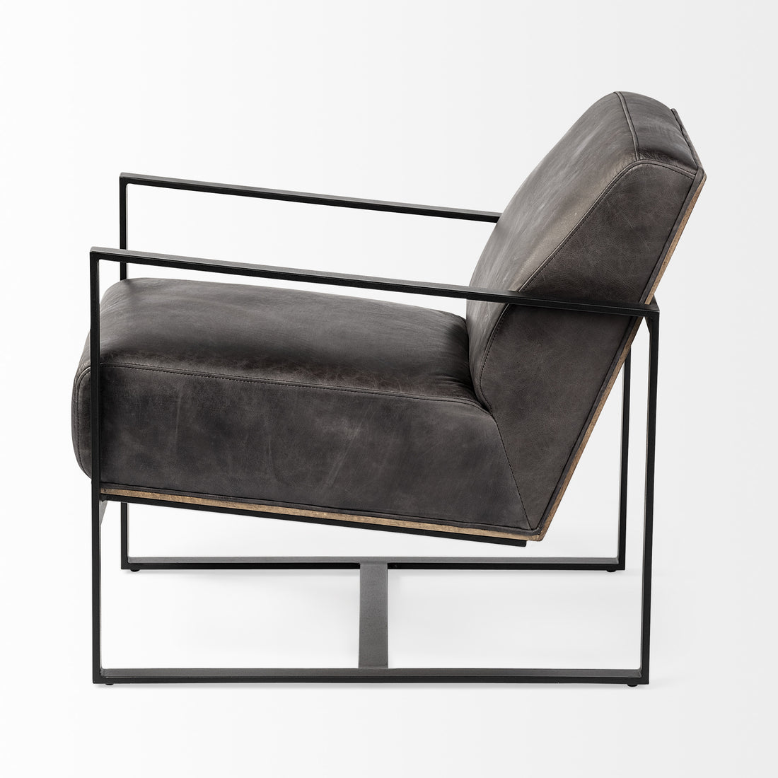 Bastille 32" Black Distressed Genuine Leather Arm Chair with Cushion Back and Black Legs