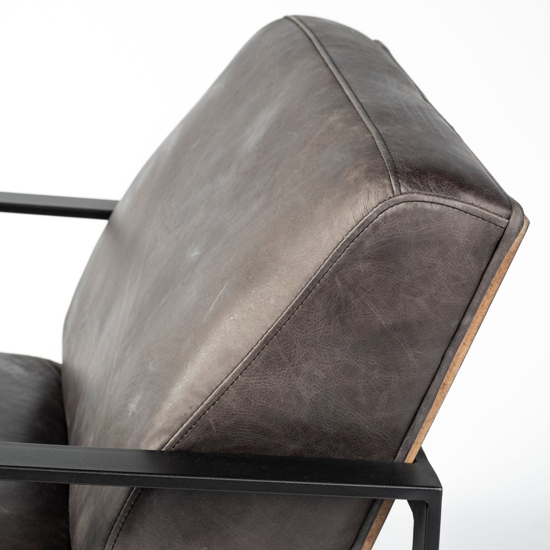 Bastille 32" Black Distressed Genuine Leather Arm Chair with Cushion Back and Black Legs