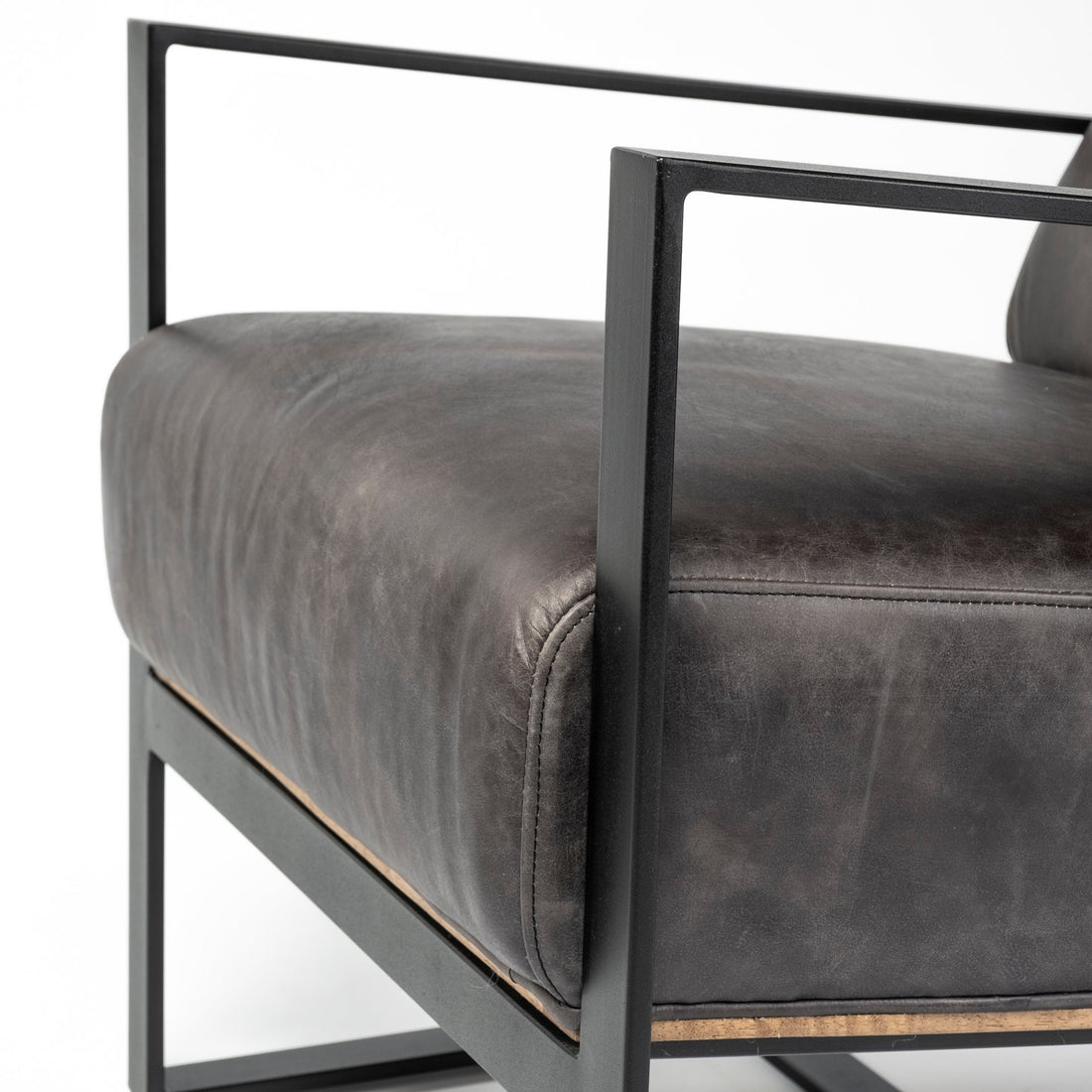 Bastille 32" Black Distressed Genuine Leather Arm Chair with Cushion Back and Black Legs