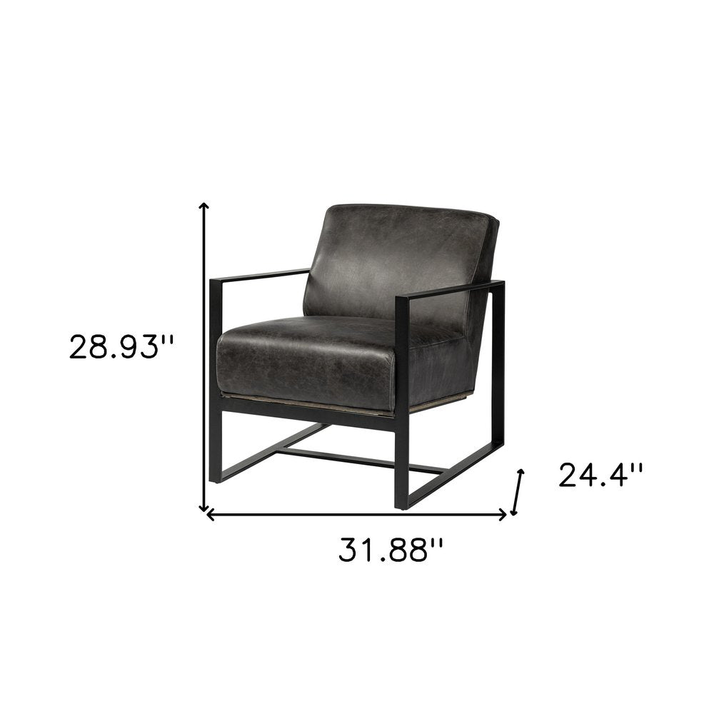 Bastille 32" Black Distressed Genuine Leather Arm Chair with Cushion Back and Black Legs