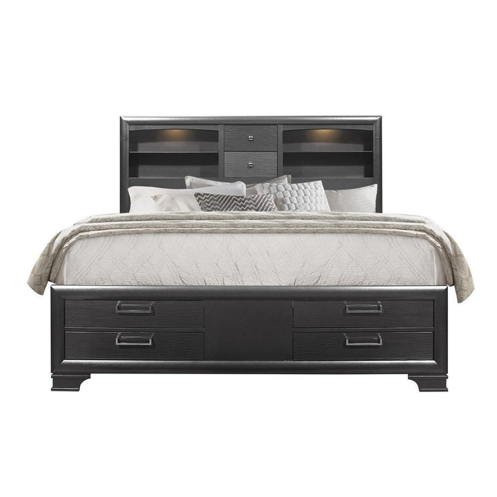 Montrose Gray Solid Wood Queen Bed Frame with Bookcase Headboard and Eight Drawers